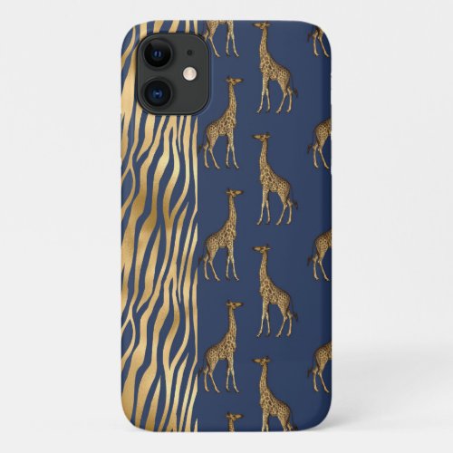 Giraffe  Tiger Print Gold Blue Pretty Chic iPhone 11 Case