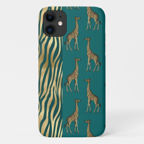 Giraffe  Tiger Print Gold Teal Pretty Chic iPhone 11 Case