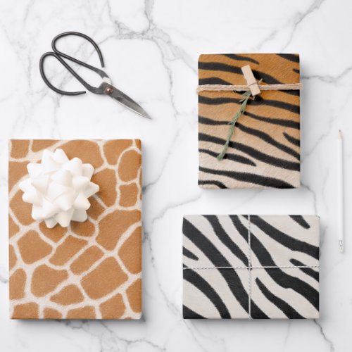 Giraffe Tiger  Zebra Fur Realistic Animal Print Wrapping Paper Sheets