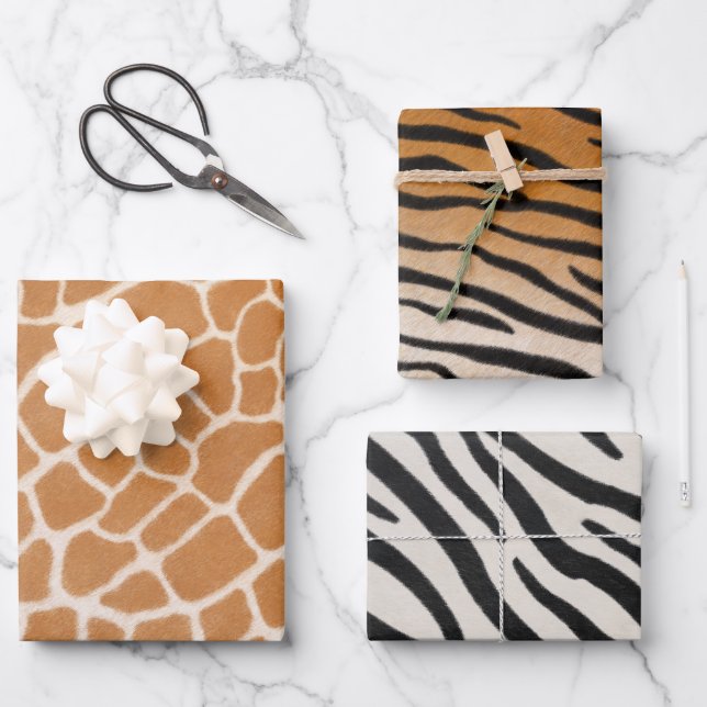 Giraffe Tiger & Zebra Fur Realistic Animal Print Wrapping Paper Sheets (Front)