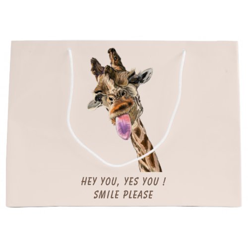Giraffe Tongue Out and Playful Wink _ Custom Text  Large Gift Bag