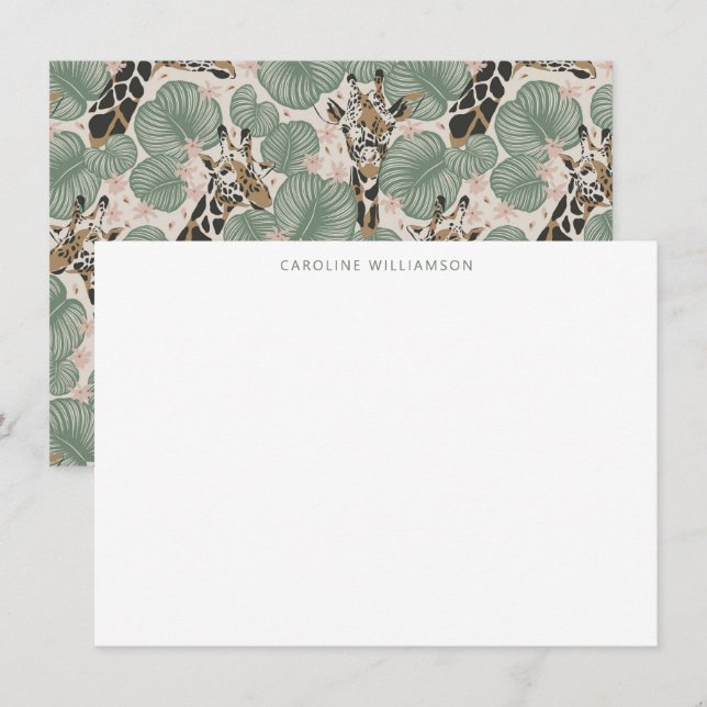 Giraffe Tropical Leaf Personalized Stationery  Note Card (Front/Back)