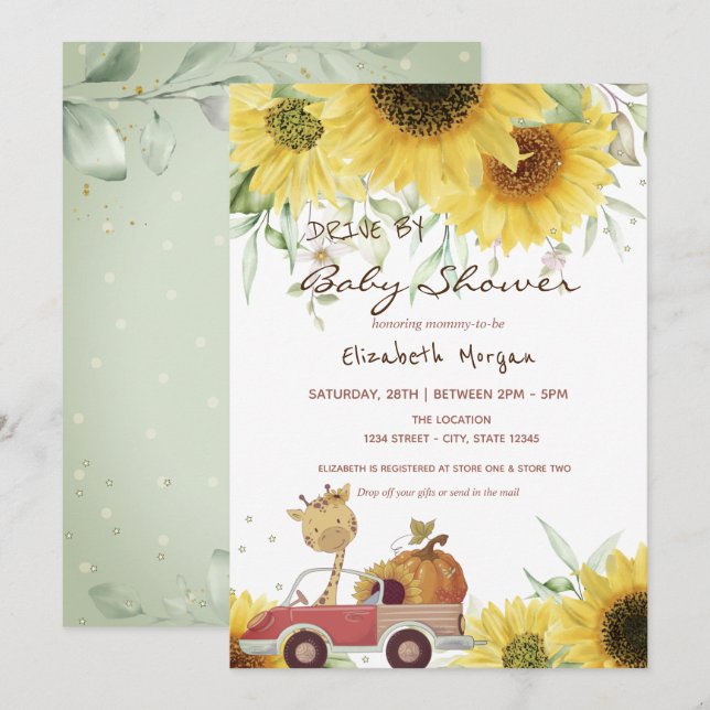 Giraffe Truck Pumpkin Sunflowers Drive Baby Shower Invitation (Front/Back)