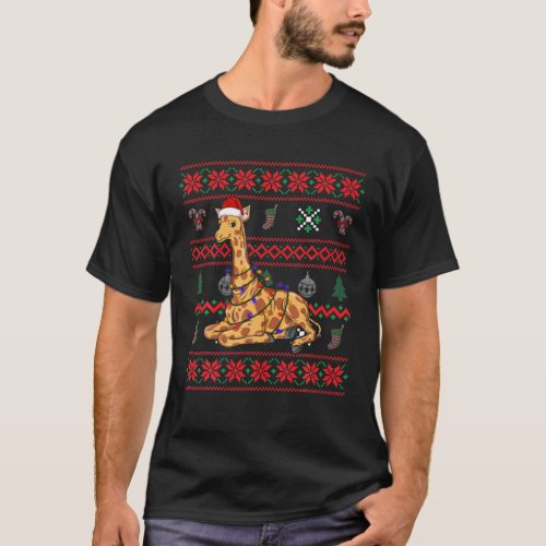 Giraffe Ugly Christmas Funny Santa Hat Claus Pajam T_Shirt