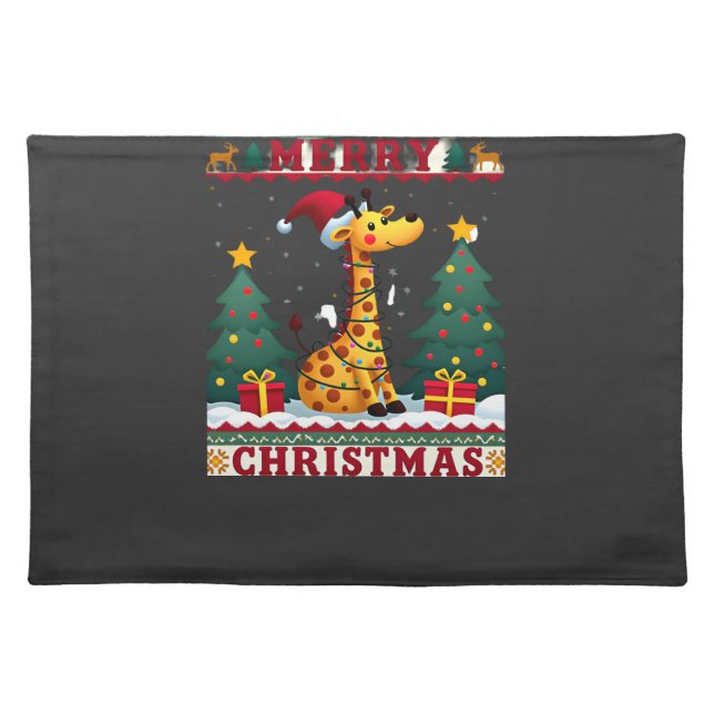 Giraffe Ugly Christmas Sweaters Funny Santa Hat Li Cloth Placemat (Front)