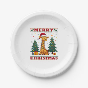 Giraffe Ugly Christmas Sweaters Funny Santa Hat Li Paper Plates
