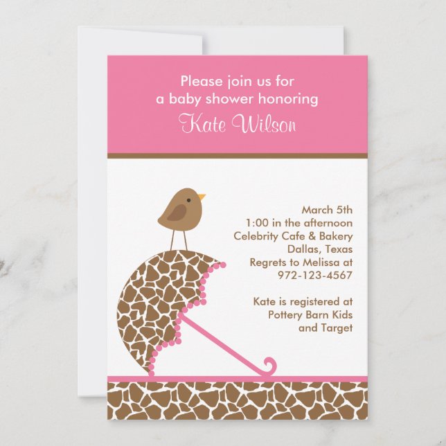 Giraffe Umbrella Baby Shower Invites (Pink) (Front)