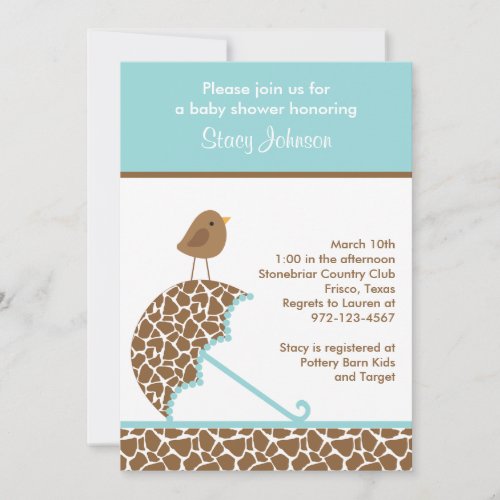 Giraffe Umbrella Baby Shower Invites (Teal)