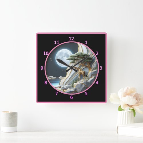 Giraffe under Africas moonlit sky Square Wall Clock