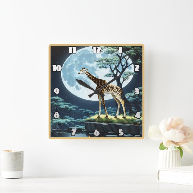 Giraffe Under Full Moon by Tranquil Water Square Wall Clock (Home)