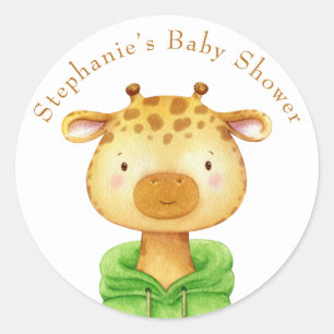 Giraffe Watercolor Animal Baby Shower Your Name Classic Round Sticker