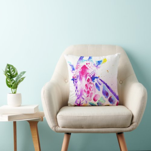 Giraffe Watercolor Art Purple Cute Zoo Animal Throw Pillow