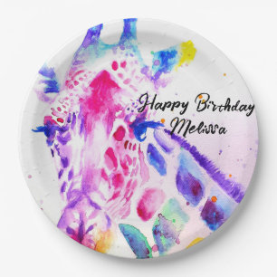 Giraffe Watercolor Girls Purple Birthday Party Paper Plates