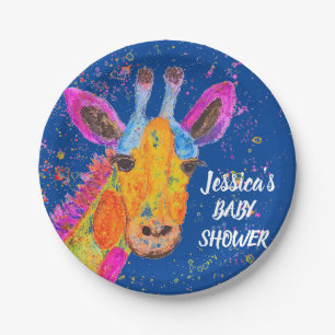 Giraffe Watercolor Safari Jungle Blue Baby Shower Paper Plates
