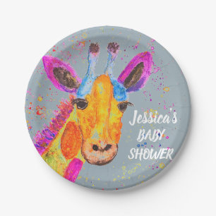 Giraffe Watercolor Safari Jungle Blue Baby Shower Paper Plates