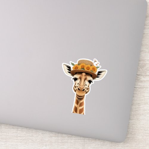 Giraffe wearing a flower bucket hat sticker