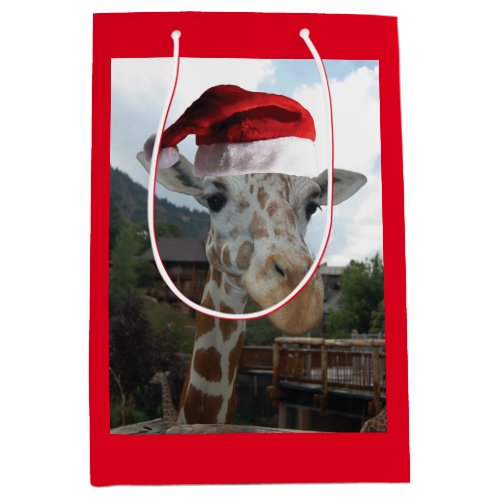 Giraffe wearing a Santa Claus Hat for Christmas Medium Gift Bag