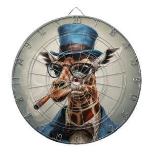 Giraffe wearing a top hat smoking a cigar dart board