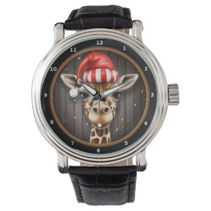 Giraffe Wearing Christmas Hat Portrait Watch