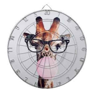 Giraffe wearing glasses blowing a pink bubble gum dart board