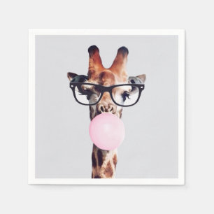 Giraffe wearing glasses blowing a pink bubble gum napkins