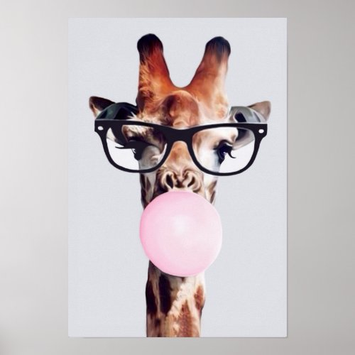GIRAFFE WEARING GLASSES BLOWING A PINK BUBBLE GUM POSTER