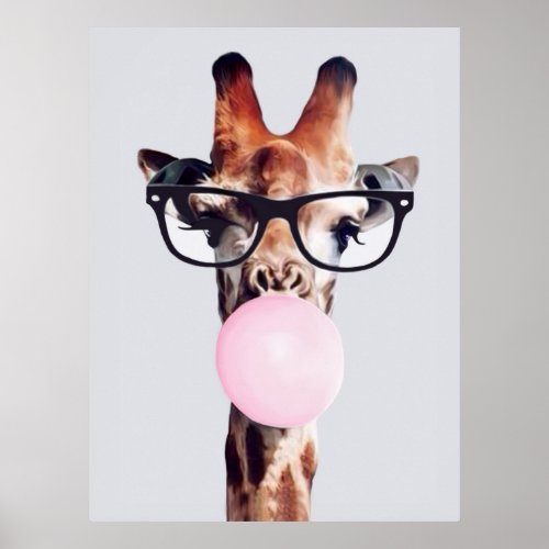 GIRAFFE WEARING GLASSES BLOWING A PINK BUBBLE GUM  POSTER