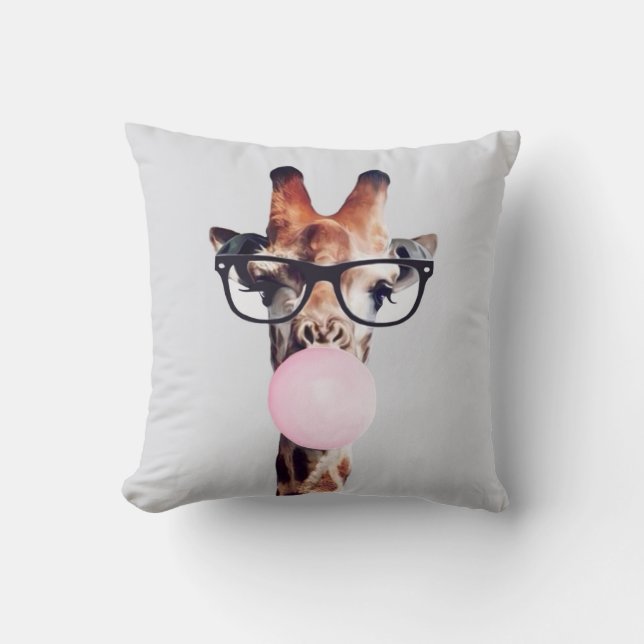 GIRAFFE WEARING GLASSES BLOWING A PINK BUBBLE GUM THROW PILLOW (Front)