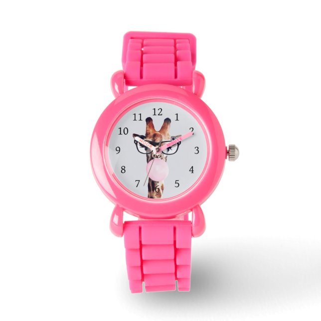 Giraffe wearing glasses blowing a pink bubble gum watch (Front)