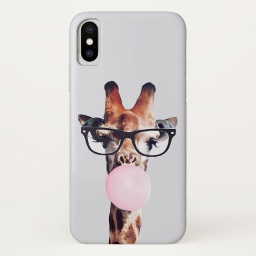 GIRAFFE WEARING GLASSES BLOWING A PINK BUBBLEGUM iPhone X CASE