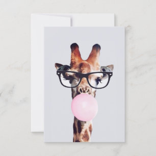 GIRAFFE WEARING GLASSES BLOWING A PINK BUBBLEGUM INVITATION