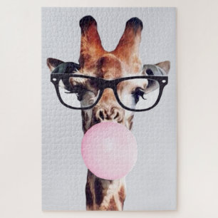 GIRAFFE WEARING GLASSES BLOWING A PINK BUBBLEGUM JIGSAW PUZZLE