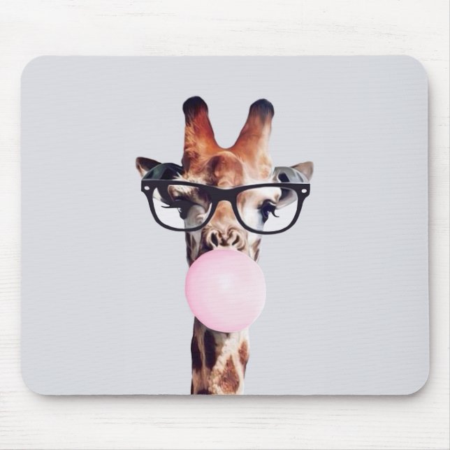 GIRAFFE WEARING GLASSES BLOWING A PINK BUBBLEGUM MOUSE PAD (Front)