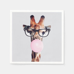 GIRAFFE WEARING GLASSES BLOWING A PINK BUBBLEGUM NAPKINS