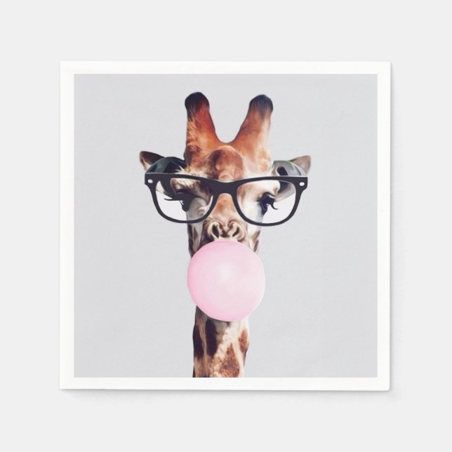 GIRAFFE WEARING GLASSES BLOWING A PINK BUBBLEGUM  NAPKINS (Front)
