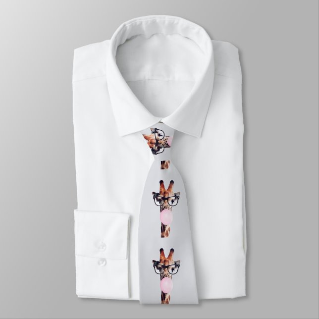GIRAFFE WEARING GLASSES BLOWING A PINK BUBBLEGUM NECK TIE (Tied)