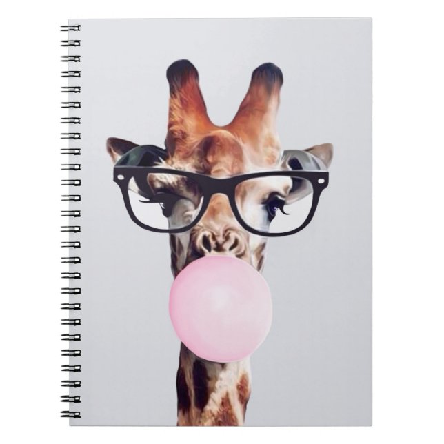 GIRAFFE WEARING GLASSES BLOWING A PINK BUBBLEGUM  NOTEBOOK (Front)