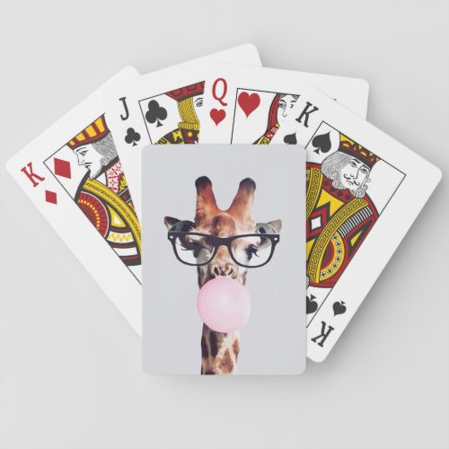 GIRAFFE WEARING GLASSES BLOWING A PINK BUBBLEGUM POKER CARDS