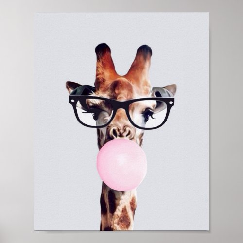 GIRAFFE WEARING GLASSES BLOWING A PINK BUBBLEGUM   POSTER