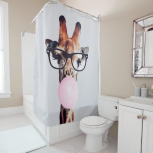 GIRAFFE WEARING GLASSES BLOWING A PINK BUBBLEGUM SHOWER CURTAIN