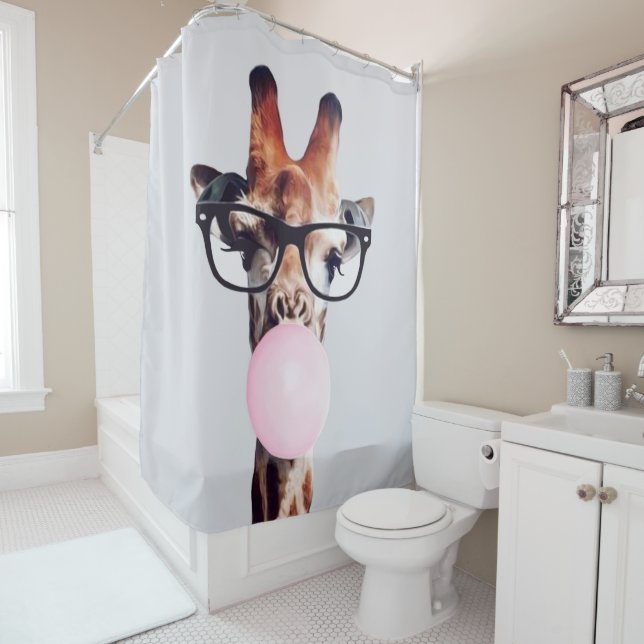 GIRAFFE WEARING GLASSES BLOWING A PINK BUBBLEGUM SHOWER CURTAIN (In Situ)
