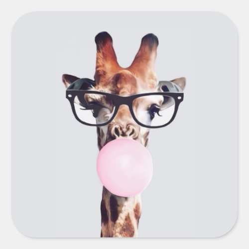 GIRAFFE WEARING GLASSES BLOWING A PINK BUBBLEGUM SQUARE STICKER