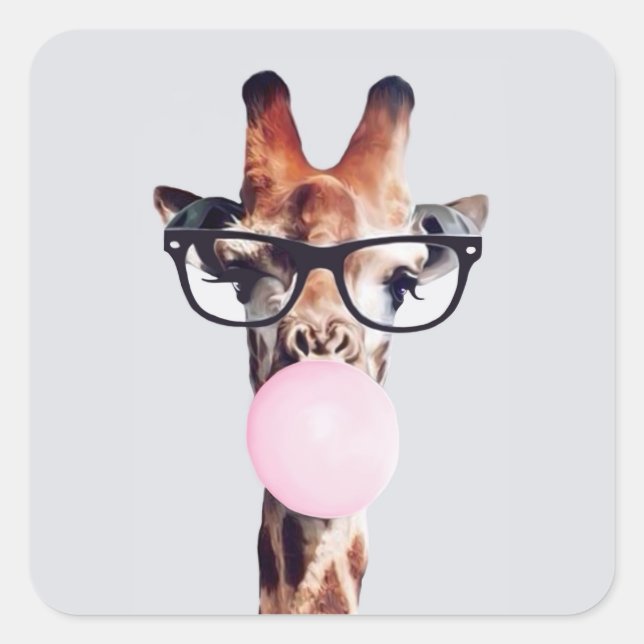 GIRAFFE WEARING GLASSES BLOWING A PINK BUBBLEGUM SQUARE STICKER (Front)