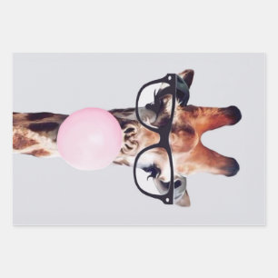 GIRAFFE WEARING GLASSES BLOWING A PINK BUBBLEGUM WRAPPING PAPER SHEETS