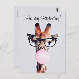 Giraffe Wearing Glasses Blowing gum Happy Birthday Postcard