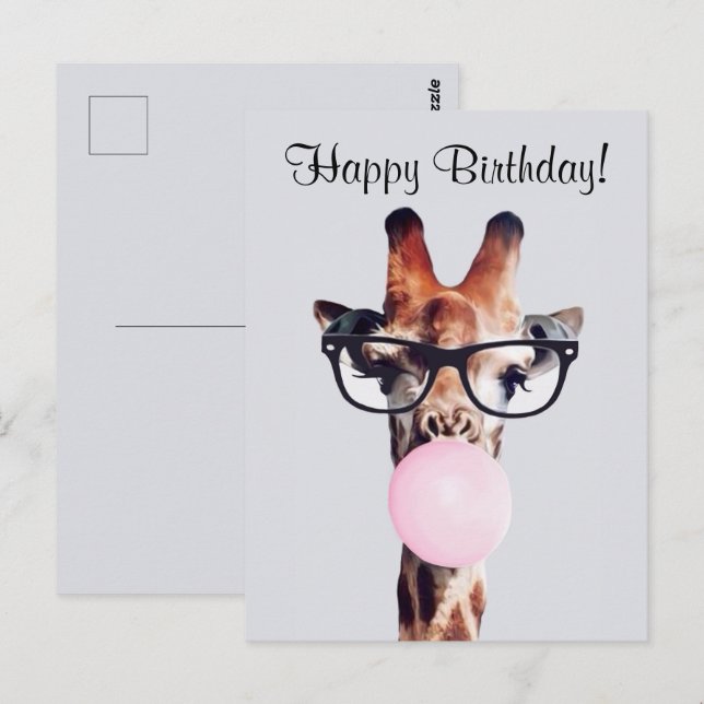 Giraffe Wearing Glasses Blowing gum Happy Birthday Postcard (Front/Back)