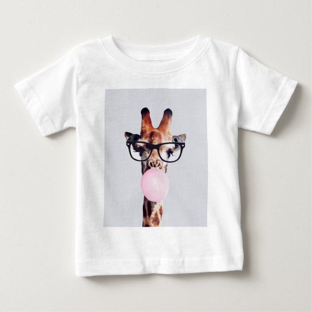 Giraffe Wearing Glasses Blowing Pink Bubble gum  Baby T-Shirt (Front)