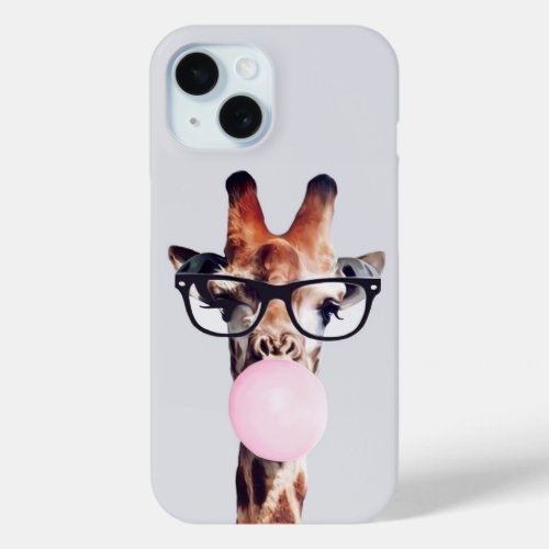 Giraffe wearing glasses blowing pink bubble gum iPhone 15 case