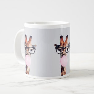 Giraffe wearing glasses blowing pink bubble gum giant coffee mug
