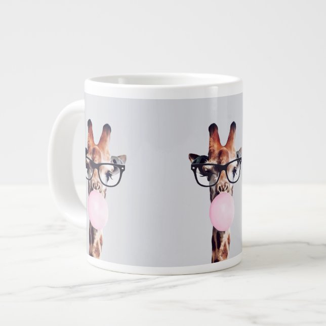 Giraffe wearing glasses blowing pink bubble gum giant coffee mug (Front Left)